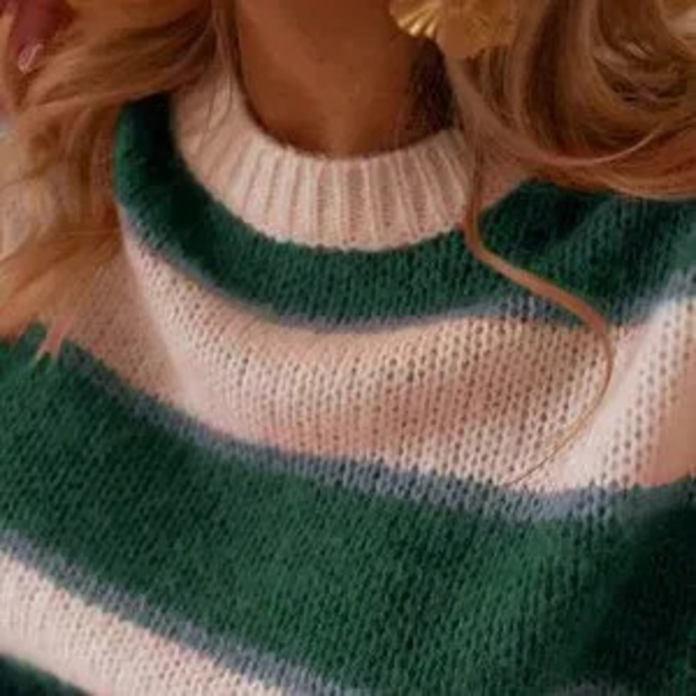 Army Green Casual Women's Colorblock Striped Crew Neck Long Sleeve Knit Sweater - Picture 5 of 5